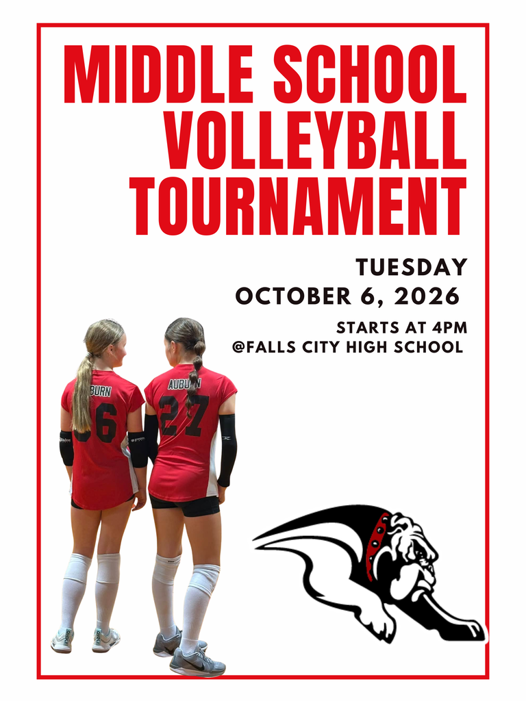 Graphic for the Middle School Volleyball Tournament on Tuesday, October 6, 2026, starting at 4:00 PM at Falls City High School. Features a photo of two Auburn middle school volleyball players standing on the court in red uniforms (#6 and #22), along with the Auburn Bulldogs mascot logo.