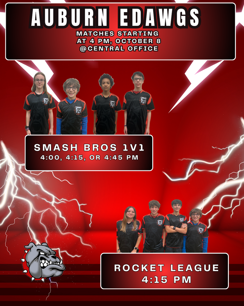 Graphic for Auburn eDawgs featuring students in black and red esports jerseys over a red background with white lightning bolts. Text at the top reads "Auburn eDawgs - Matches starting at 4 PM, October 8 @ Central Office". Middle section shows four team members with text "Smash Bros 1v1 - 4:00, 4:15, or 4:45 PM". Bottom section shows four team members labeled "Rocket League".