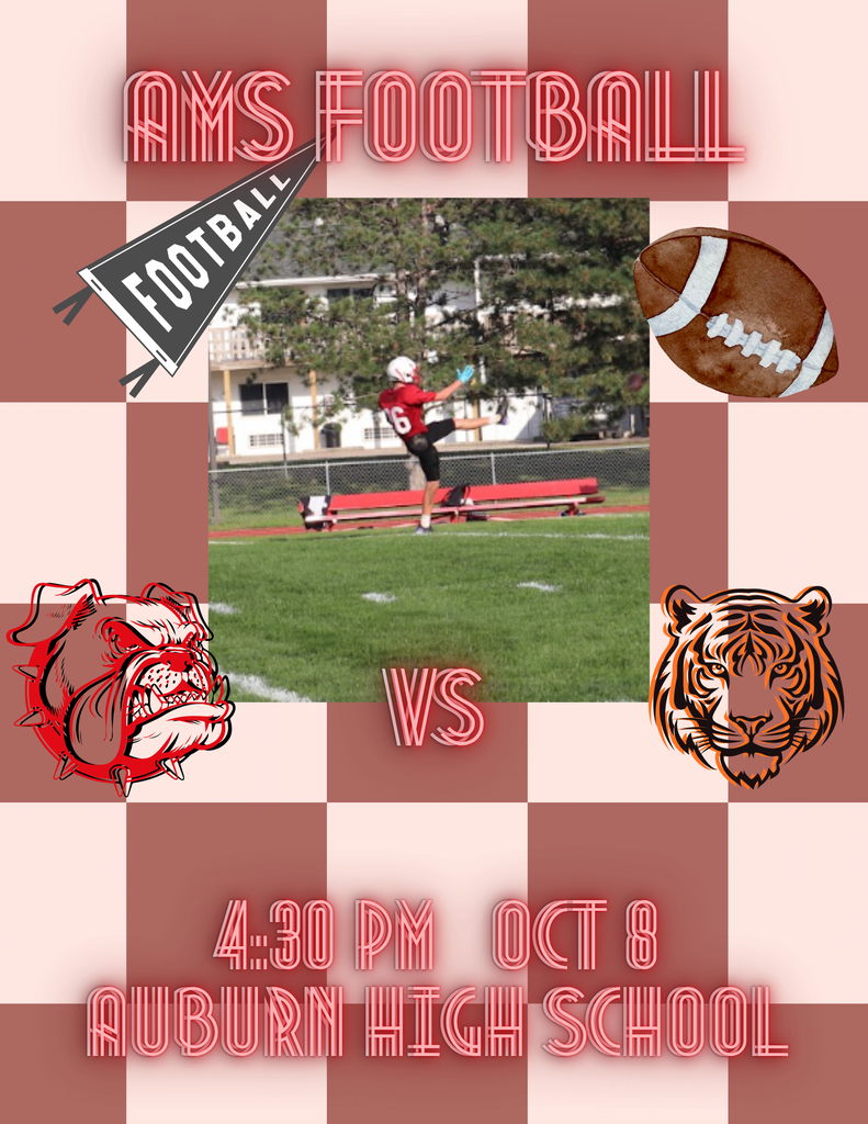 Graphic promoting an AMS Football match scheduled for October 8 at 4:30 PM. The image features a red and white checkered frame with a football player kicking on a field, a football illustration, a red bulldog mascot on the bottom left, a tiger mascot on the bottom right, and "VS" displayed between them.
