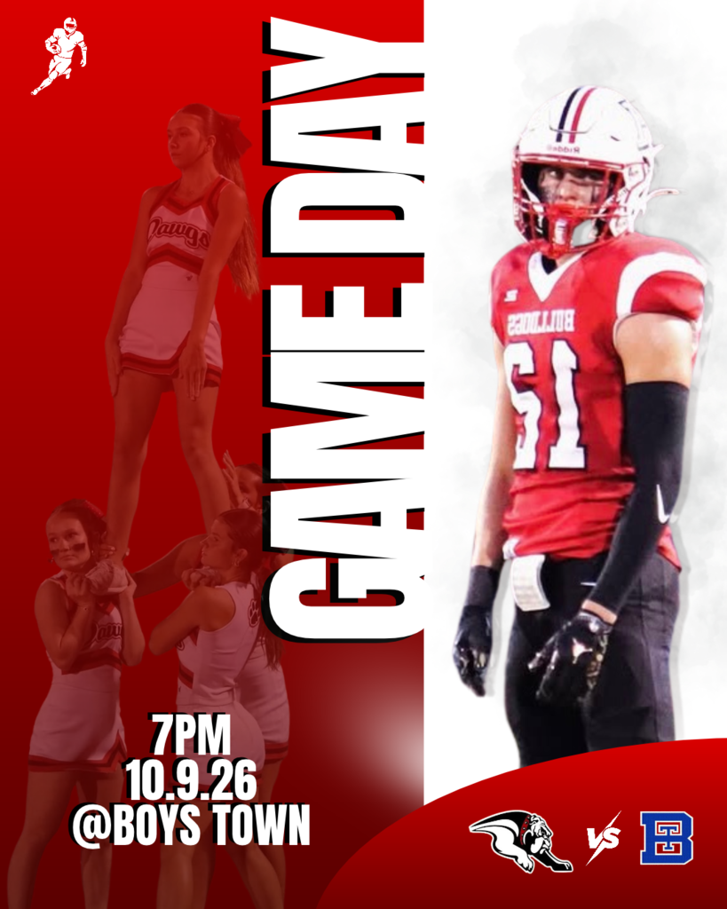 Graphic for "GAME DAY" football game at Boys Town, starting at 7 PM on September 26, featuring an Auburn Bulldogs football player and cheerleaders.