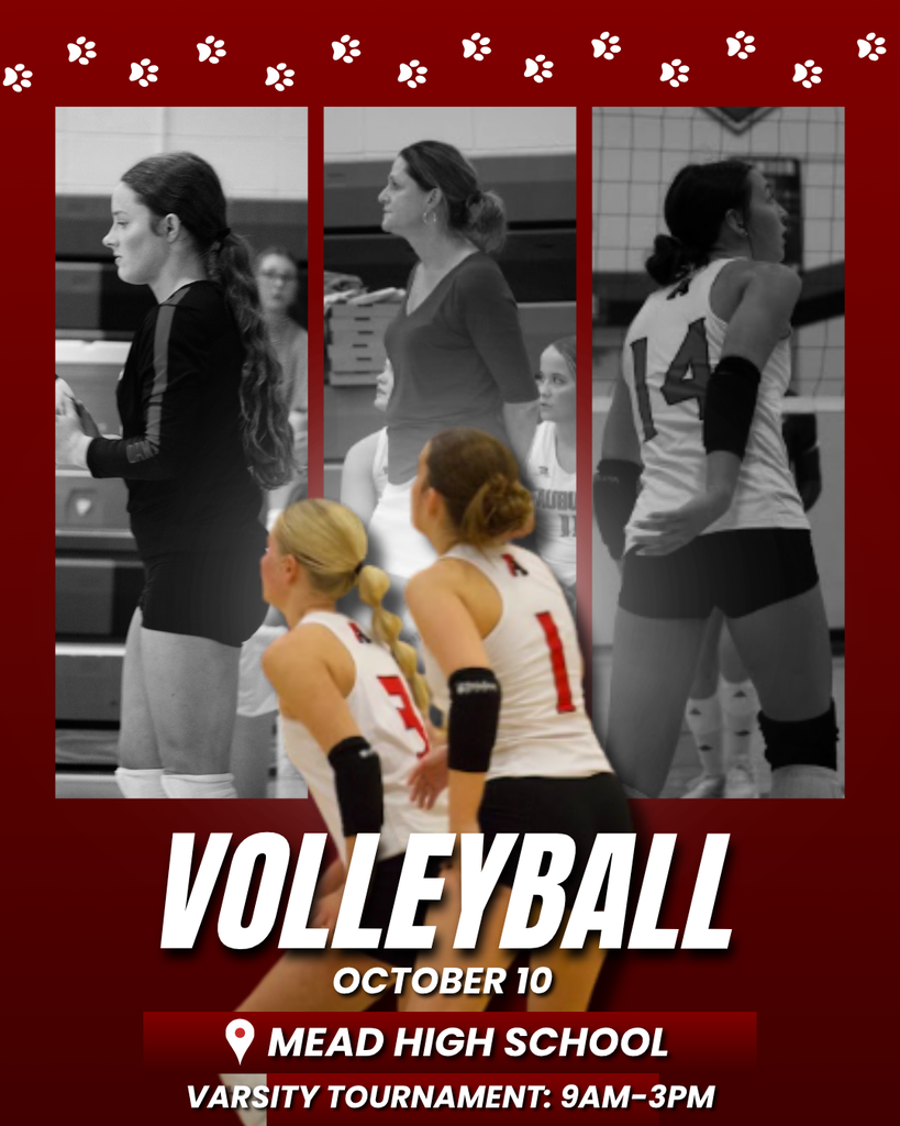 Graphic featuring black-and-white photos of Auburn Bulldogs volleyball players in action, with a red border topped with paw prints and white bold text reading "VOLLEYBALL" and "OCTOBER 10".