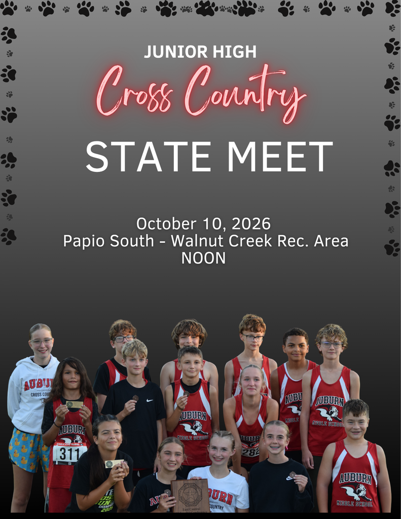 Here is a concise alt text you can copy and paste into the box: **Graphic for Auburn Middle School Cross Country State Meet on October 10, 2026, at Papio South - Walnut Creek Rec Area at NOON, featuring a group photo of team members.** --- If you need a more detailed option: **A graphic announcing the Auburn Middle School Cross Country State Meet on October 10, 2026, at NOON at Papio South - Walnut Creek Rec Area. The top section features text reading "Cross Country STATE MEET" surrounded by red cursive accents and dark borders with paw print designs, above a team photo of middle school runners in red and white Auburn uniforms holding a trophy.**