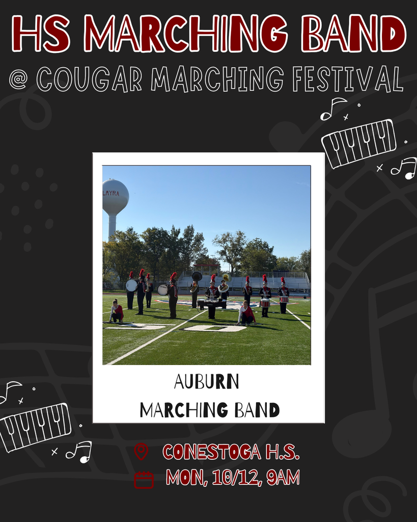 Here is a concise alt text you can copy and paste into the box:  **Graphic announcing the Auburn High School Marching Band performing at the Cougar Marching Festival at Conestoga High School, featuring a photo of the band performing on a football field.**  ---  If you need a more detailed option:  **A graphic for the High School Marching Band @ Cougar Marching Festival at Conestoga H.S. It features top red text reading "HS MARCHING BAND" and " @ COUGAR MARCHING FESTIVAL", with musical notes and piano graphics on a black background surrounding a framed photo of the Auburn Marching Band performing on a field.**