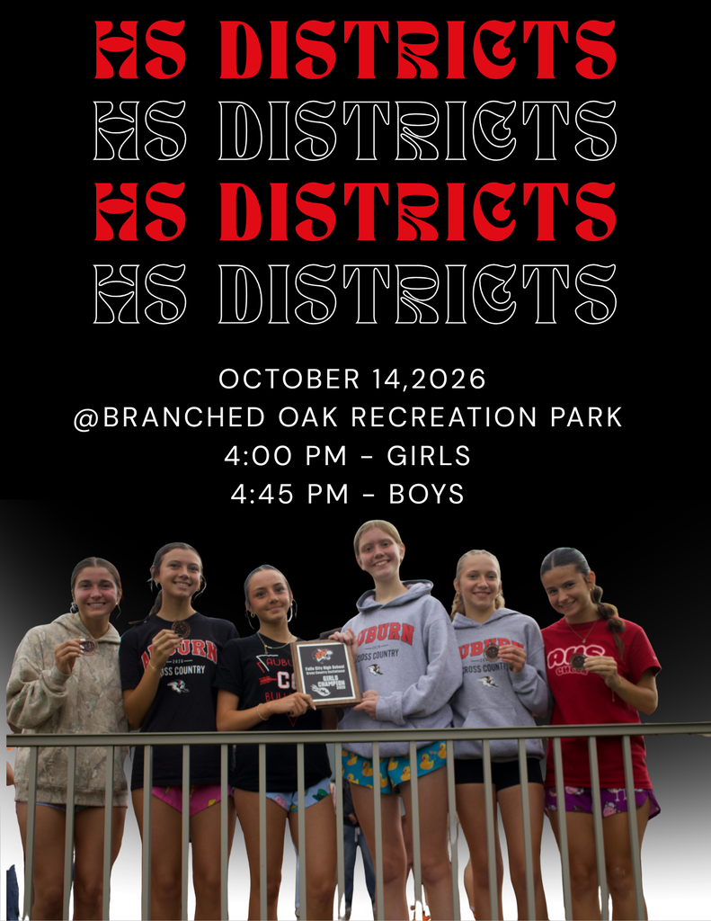 A graphic for HS Cross Country Districts taking place on October 14, 2026, at Branched Oak Recreation Park. The top features repeated stylized text reading "HS DISTRICTS" above event details: "4:00 PM - GIRLS" and "4:45 PM - BOYS". The bottom shows a team photo of cross country runners holding an award plaque.