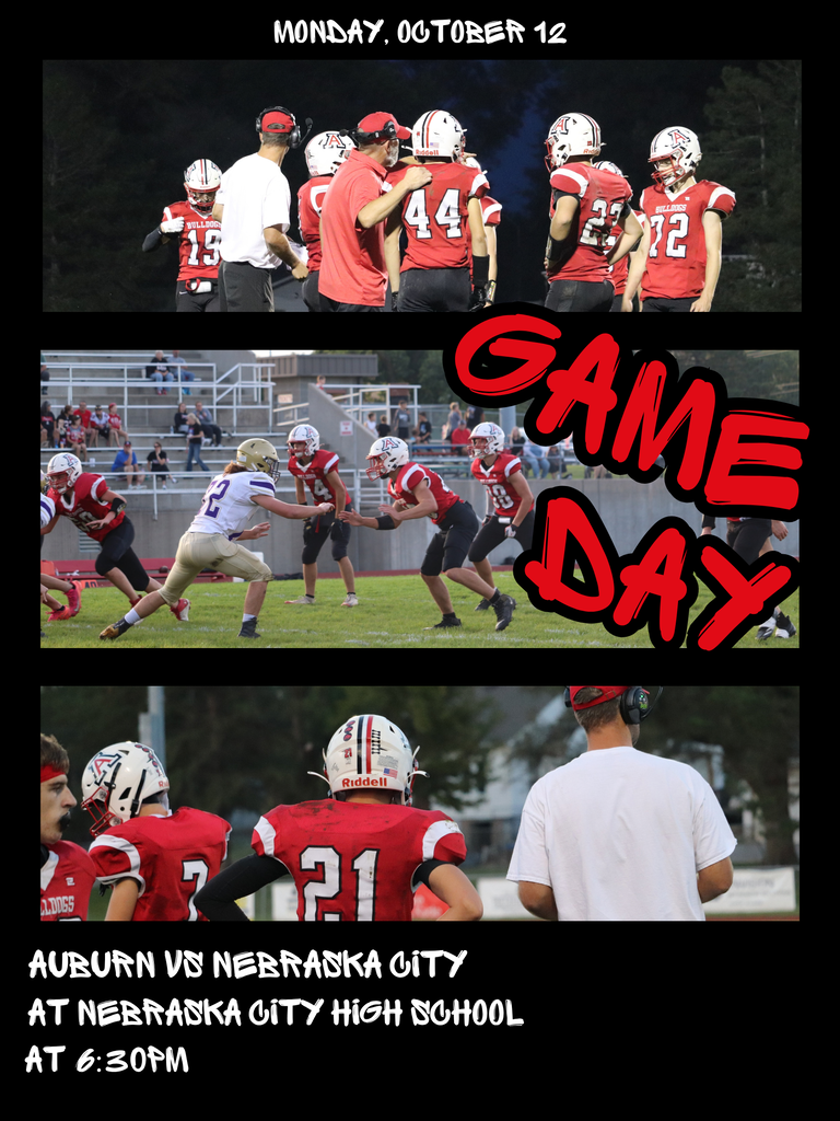 Game Day graphic for Auburn Bulldogs football featuring three action photos of players on the field, with the text "Monday, October 12" at the top and "Game Day" layered over the center.