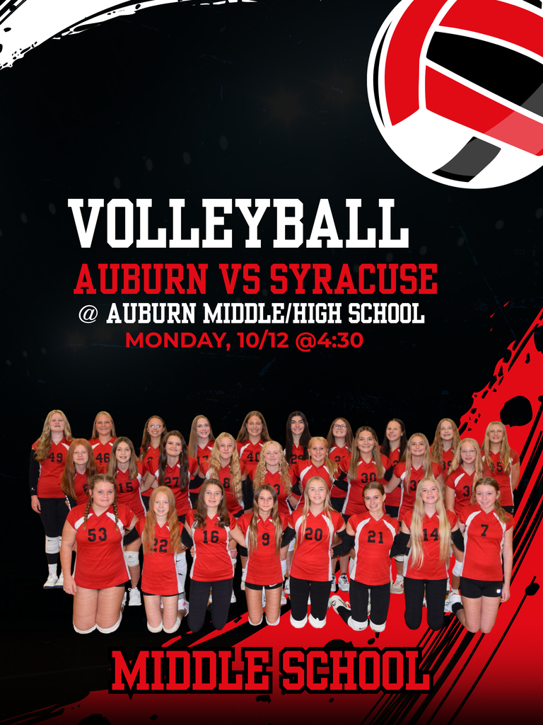 Here are two options for the alt text:  **Option 1: Concise (Recommended for alt text limits)**  > Graphic for middle school volleyball announcing Auburn vs. Syracuse on Monday, 10/12 at 4:30 at Auburn Middle/High School, featuring a photo of the team in red and black uniforms.  **Option 2: Detailed**  > Graphic featuring a team photo of the Auburn Bulldogs volleyball squad in red and black uniforms positioned at the bottom, with a red and white volleyball graphic in the upper-right corner. Bold text reads "VOLLEYBALL", "AUBURN VS SYRACUSE", "@ AUBURN MIDDLE/HIGH SCHOOL", and "MONDAY, 10/12 @4:30".