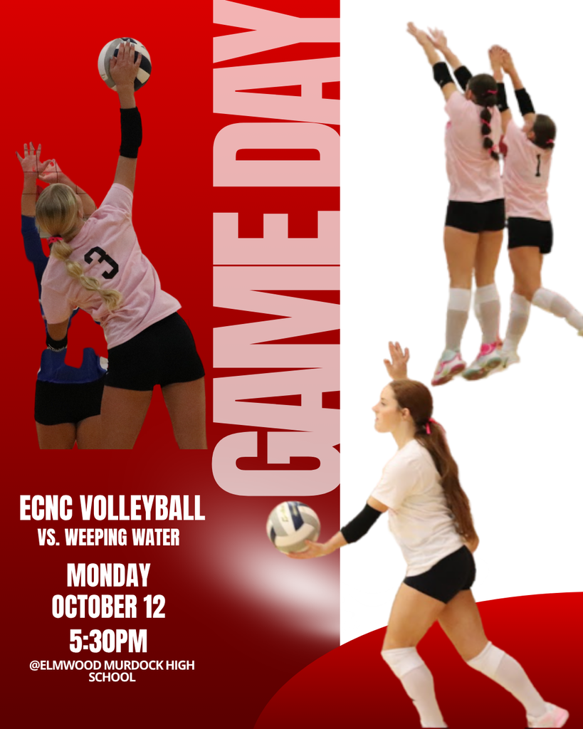 Here are two options for the alt text:  **Option 1: Concise (Recommended for alt text limits)**  > Game Day graphic for ECNC Volleyball: Auburn vs. Weeping Water on Monday, October 12 at 5:30 PM, featuring photos of players serving and blocking on the court.  **Option 2: Detailed**  > Graphic with a red and white theme and vertical text reading "GAME DAY" down the center. Details state "ECNC VOLLEYBALL VS. WEEPING WATER", "MONDAY OCTOBER 12", and "5:30PM". Action images show volleyball players in white and black uniforms in mid-air serves, sets, and blocks.