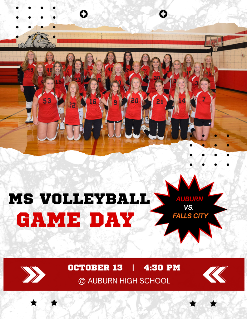 Graphic for Middle School Volleyball Game Day featuring a team photo of the Auburn MS volleyball players in red jerseys. Text reads: "MS Volleyball Game Day, Auburn vs. Falls City, October 13 at 4:30 PM."