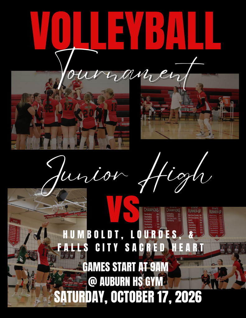 Graphic for a Junior High Volleyball Tournament featuring Auburn against Humboldt, Lourdes, and Falls City Sacred Heart. Games start at 9:00 AM. The graphic includes photos of the volleyball team huddling and a player serving on the court.