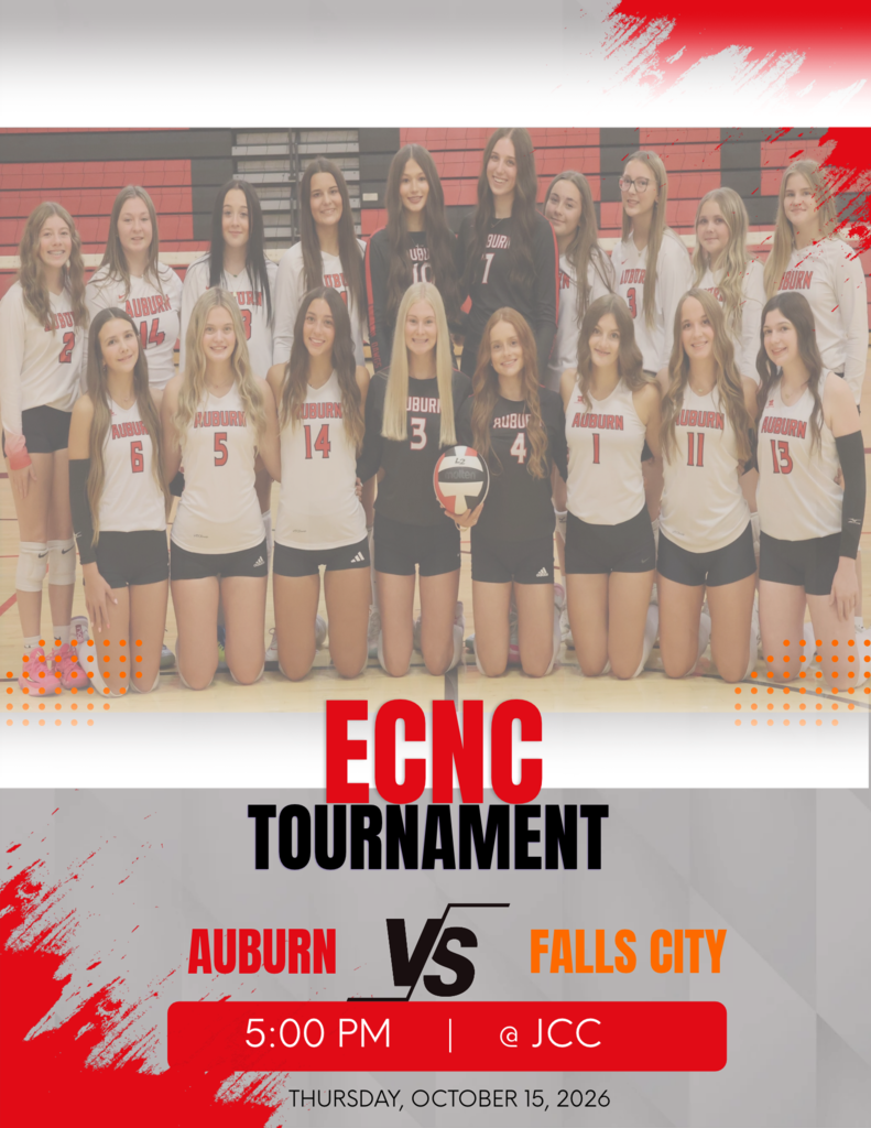 Group photo of the Auburn High School volleyball team posing in their black and red uniforms, with a player in the center holding a volleyball. Graphic text overlaid at the bottom reads: "ECNC Tournament - Auburn vs. Falls City."