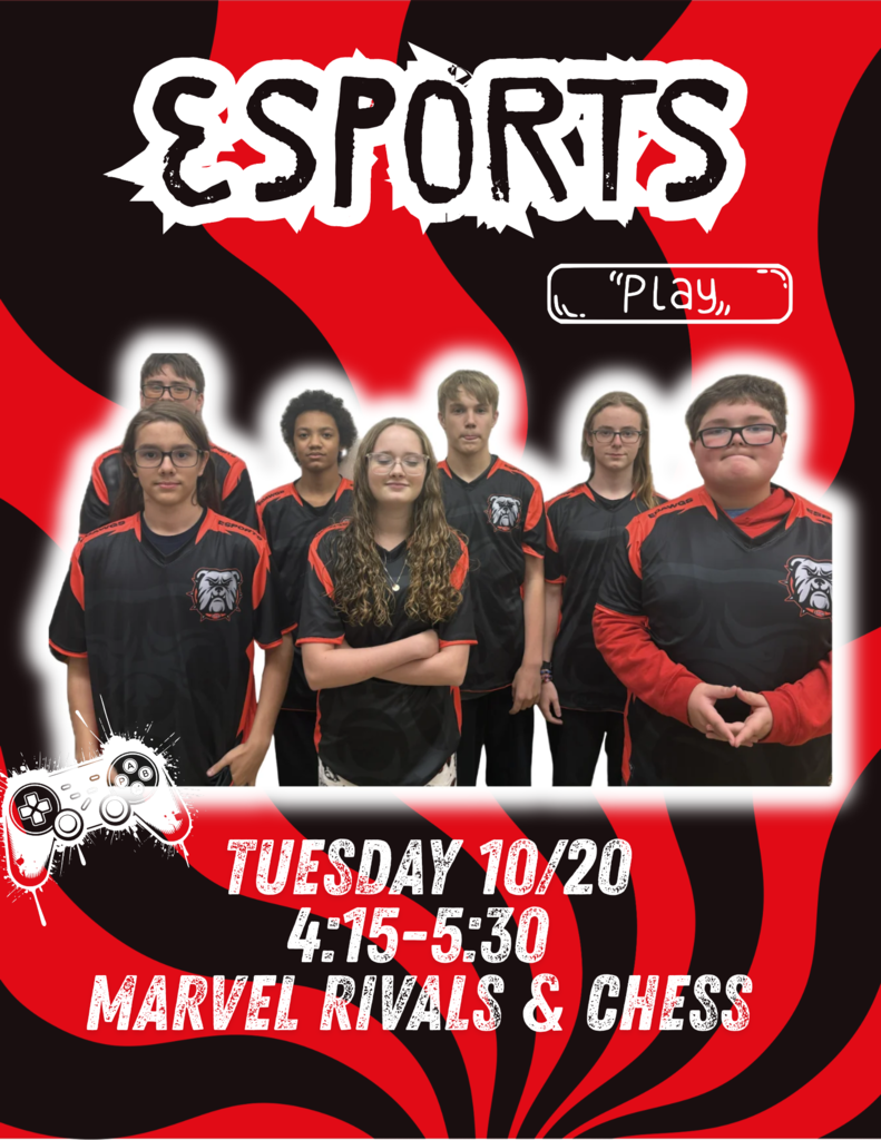 A graphic promoting an esports event, likely for the Auburn team. Large stylized white text at the top reads 'ESPORTS' with a small '“Play”' next to it. Below, a photo of six diverse team members in red and black jerseys is shown, set within a white frame with a paint-drip effect and a red background. The background also has a stylized image of a hand holding a video game controller. Faint, smaller white text at the bottom says 'TUESDAY 10/20 4:15-5:30' and a small Instagram icon is visible. The entire graphic has a filmstrip border effect.