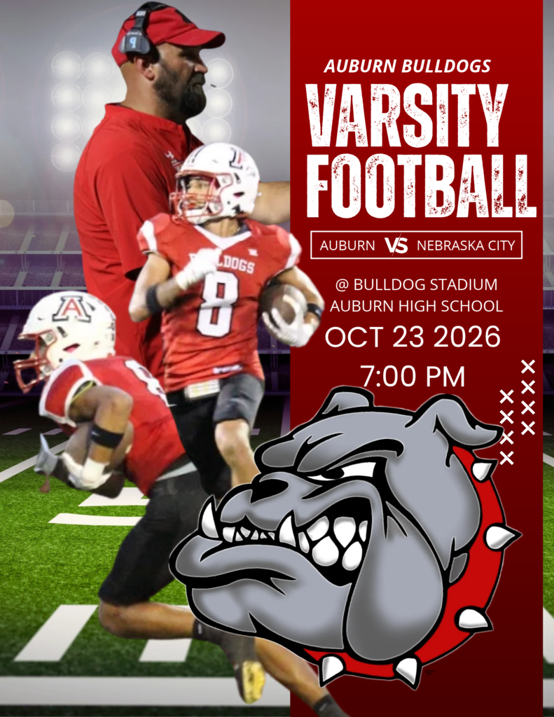 Promotional graphic for Auburn Bulldogs Varsity Football game against Nebraska City. The image features a coach in a red shirt and hat standing next to a football player in a red and white Auburn Bulldogs uniform holding a football. The background displays a stadium with floodlights. On the right side, bold text reads: "AUBURN BULLDOGS VARSITY FOOTBALL", "AUBURN VS NEBRASKA CITY", "@ BULLDOG STADIUM AUBURN HIGH SCHOOL", "OCT 23 2026", "7:00 PM". An illustration of a snarling bulldog mascot wearing a spiked red collar is displayed at the bottom right.