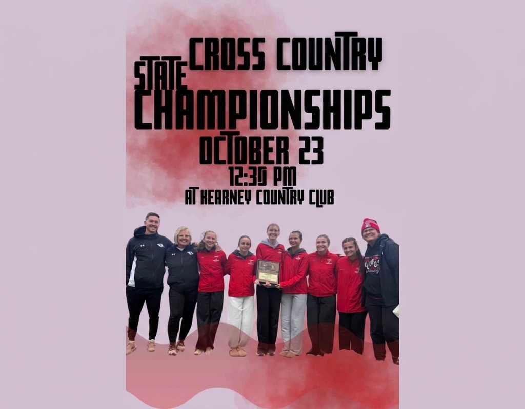 Graphic for State Cross Country Championships on October 23 at 12:30 PM at Kearney Country Club, featuring a group photo of the team standing together below the text.
