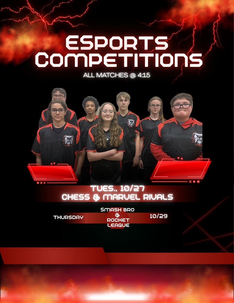 An exciting esports competition poster with a red lightning background. At the top, in large text, it reads 'ESPORTS COMPETITIONS' and 'ALL MATCHES @ 4:15'. In the center is a group photo of six middle school students—two girls and four boys—smiling and wearing matching black, red, and grey jerseys with a bulldog logo. A red banner below them lists 'TUES., 10/27: CHESS & MARVEL RIVALS'. Under that, a grey banner shows 'THURSDAY, 10/29' with 'SMASH BRO & ROCKET LEAGUE' and game icons.