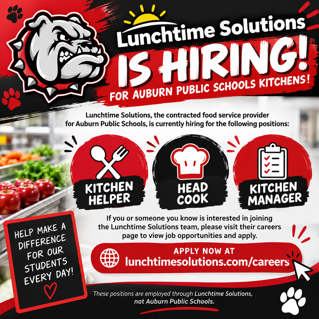 🐾 Job Opportunities! ❤️🖤  Lunchtime Solutions, Auburn Public Schools' food service provider, is looking for Kitchen Helpers, a Head Cook, and a Kitchen Manager!  Help spread the word! 🍎  Apply here: https://www.lunchtimesolutions.com/careers/