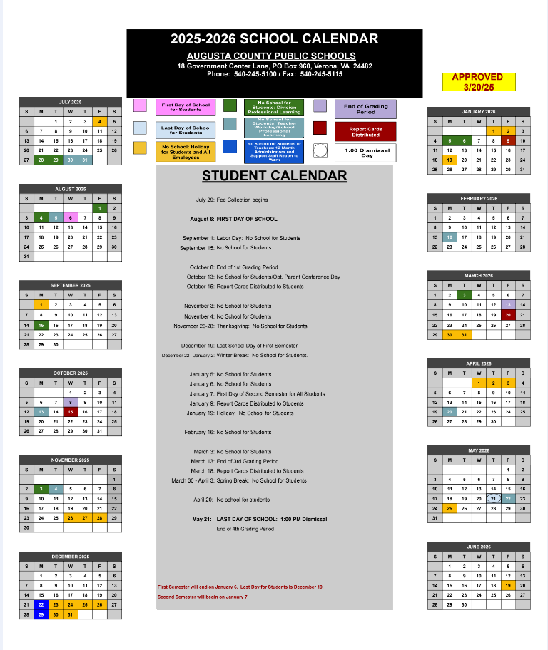2025-2026 School Calendar | AUGUSTA COUNTY PUBLIC SCHOOLS