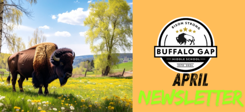 April newsletter with picture of bison in a field