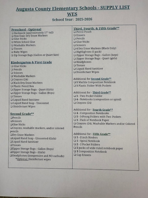 WES Supply List 2025-2026