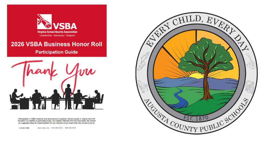 VSBA 2026 Business Honor Roll stating "Thank You" with people working at desks.  ACPS logo with the sunrise, mountains, a tree, and a stream is next to the VSBA image.