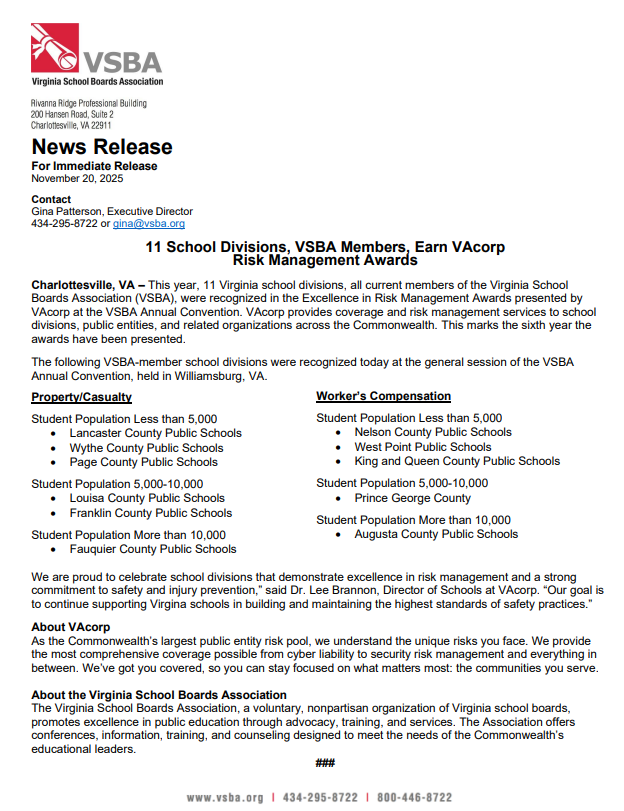 VSBA News Release VAcorp Risk Management Awards