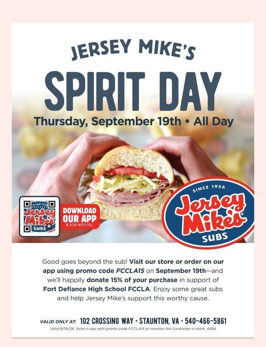 Jersey Mike's Spirit Day for FDHS FCCLA Thursday, September 19 Fort