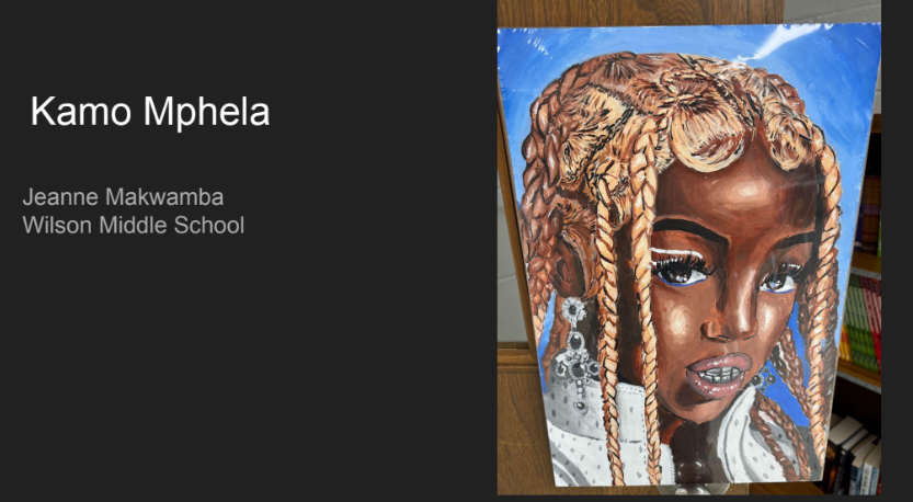 Artwork produced by Jeanne Makwamba of Wilson Middle School featuring a student wearing a white jacket and earrings.