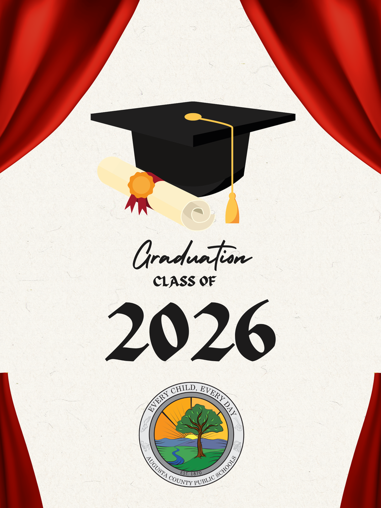 Cap, Tassel, Diploma, Curtains, and the ACPS Logo with text stating Graduation Class of 2026