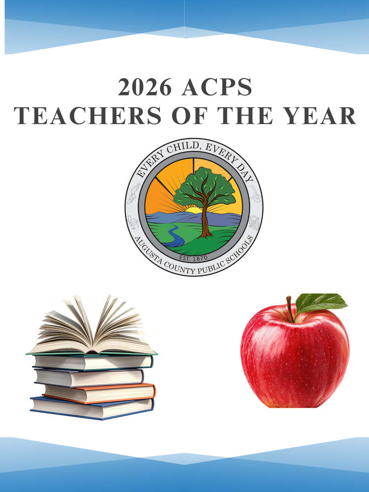 2026 ACPS Teachers of the year with the Augusta County Public Schools logo, a stack of books, and an apple