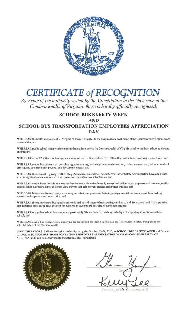 Certificate of Recognition from Governor Youngkin