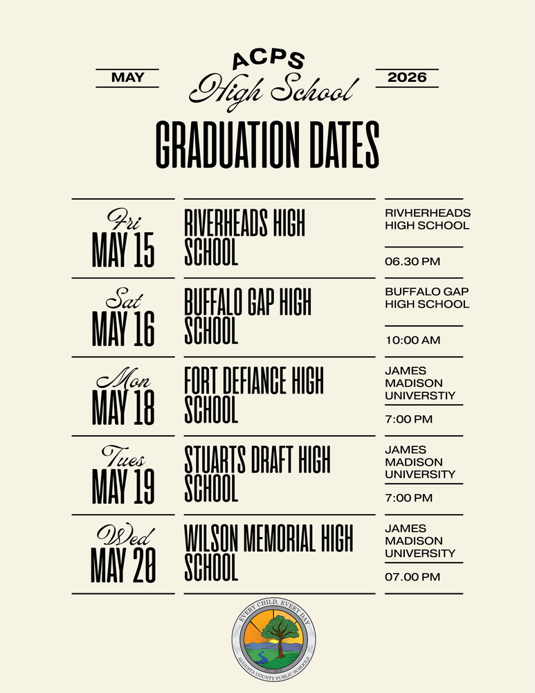 Augusta County Public Schools Dates and Times for High School Graduations