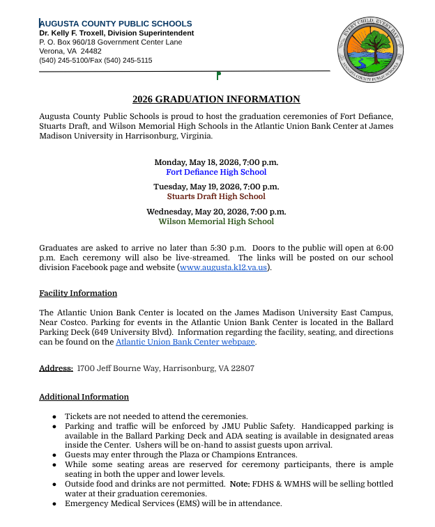 Screenshot of the information for the graduation ceremonies held at James Madison University.  This information can be found in the link included in the Content section for this post.