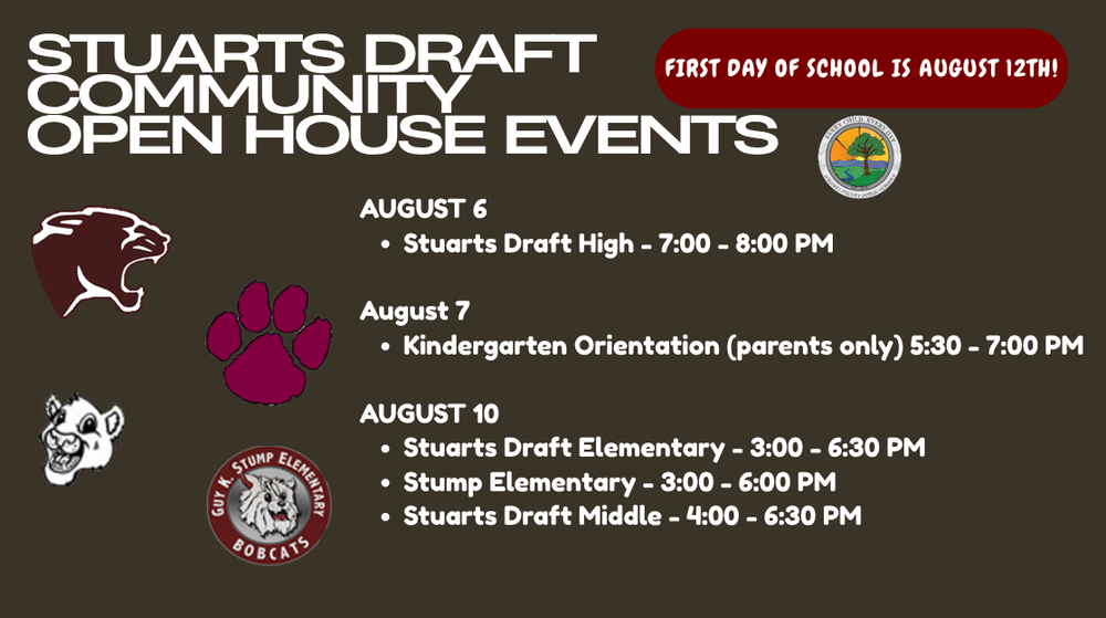 Aug 6 SDHS Freshmen Orientation, SDES Aug 7 Kindergarten Orientation for parents only, August 10 Open Houses SDES, Stump, SDMS