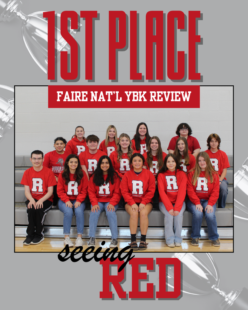 The RHS yearbook staff poses for a group photo captioned "1st Place Faire National Yearbook Review: Seeing Red"