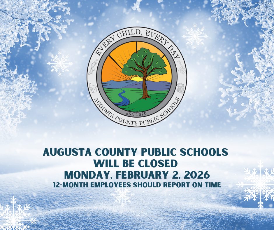 Snow with ACPS Logo and an announcement that schools will be closed on 2/2/26.  12-month employees report on time.
