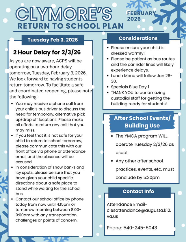 Clymore's Return to School Plan 2/3/26