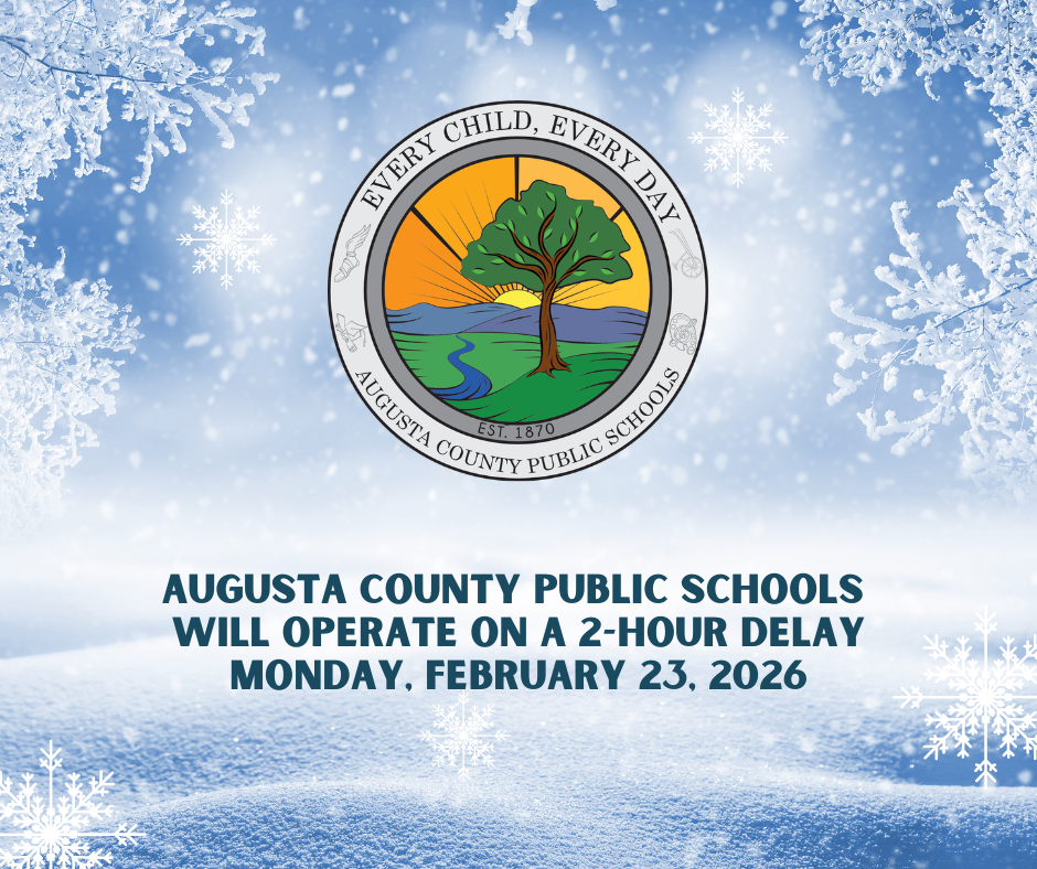 Snow with the ACPS logo announcing a 2-hour delay for Monday, February 23, 2026