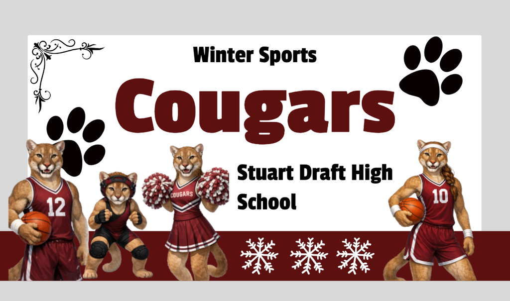 Image says winter sports Cougars Stuarts Draft High School with a bunch of Cougars dressed in winter sports uniforms like basketball, wrestling, and cheer