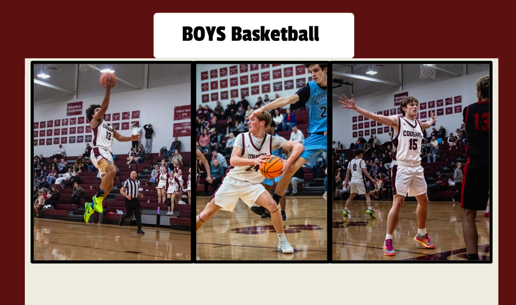 Boys basketball with three images of action shots from a boys basketball game. 