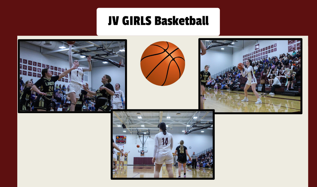 JV girls basketball with three images of action shots from a girls JV basketball game. 