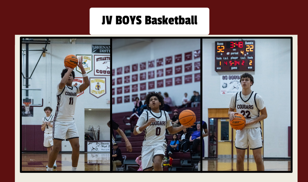 JV boys basketball with three images of action shots from a JV boys basketball game. 