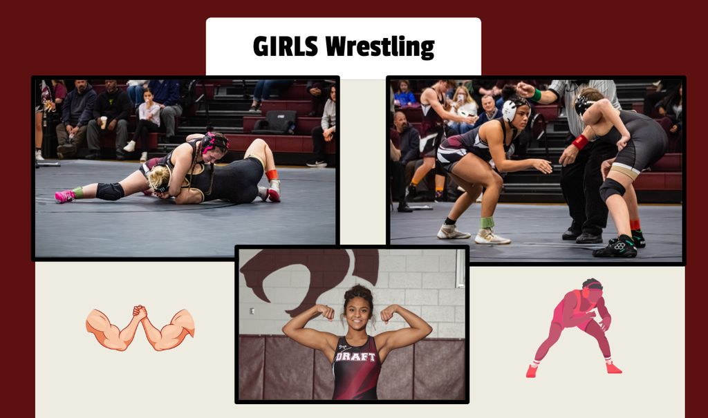 Girls wrestling with three images of action shots from a girls wrestling match. 