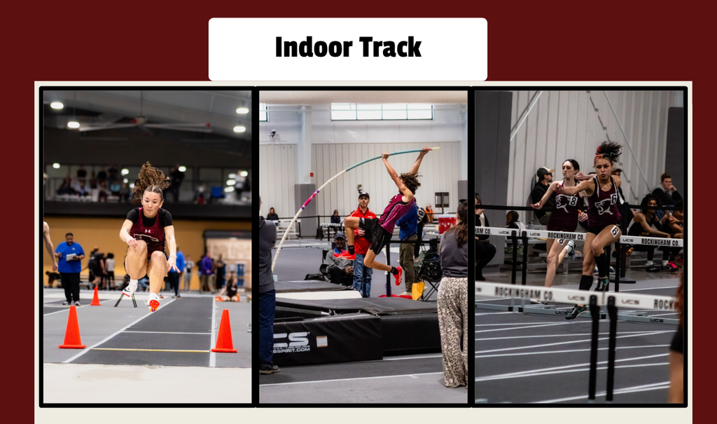 Indoor track with three images of action shots from a track meet. 