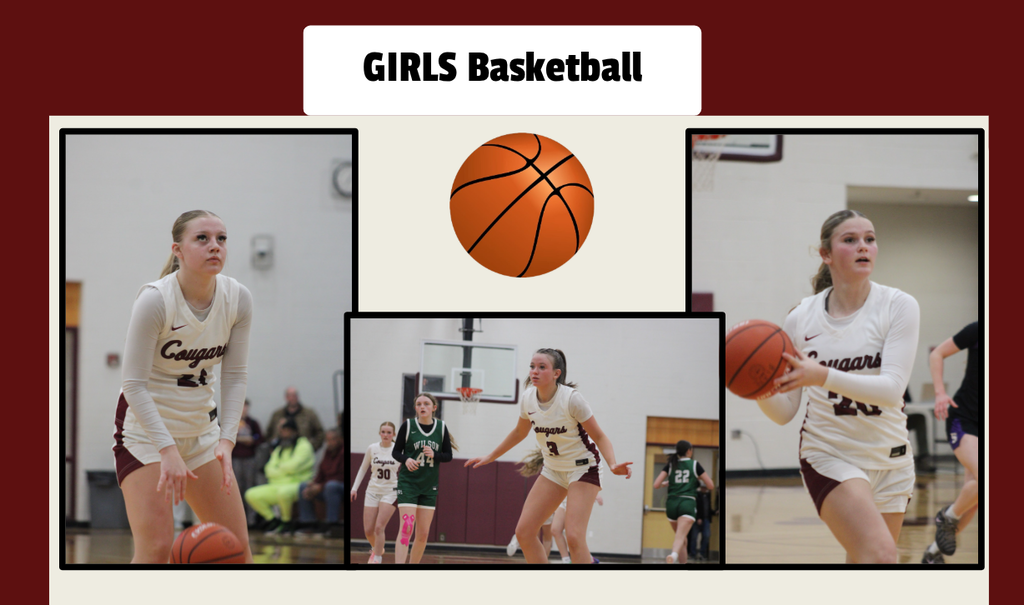girls basketball with three images of action shots from a girls varsity basketball game. 