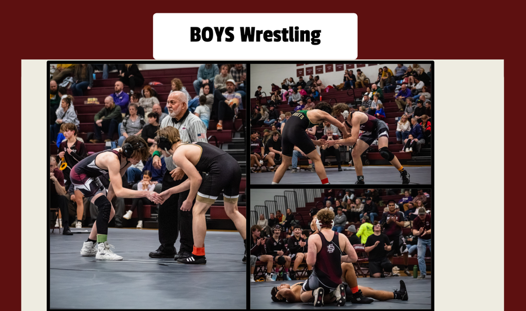 Boys wrestling with three images of action shots from a wrestling meet. 