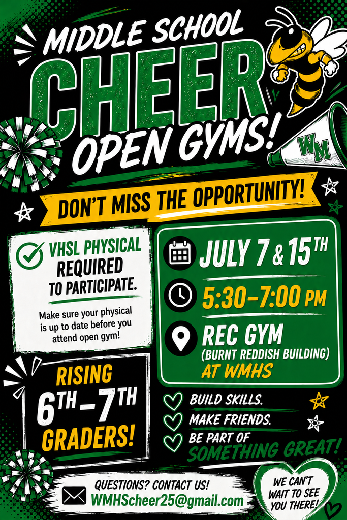 Poster describing Cheer Open Gyms July 7 and 15 from 5:30-7:00pm in the WMHS Rec Gym