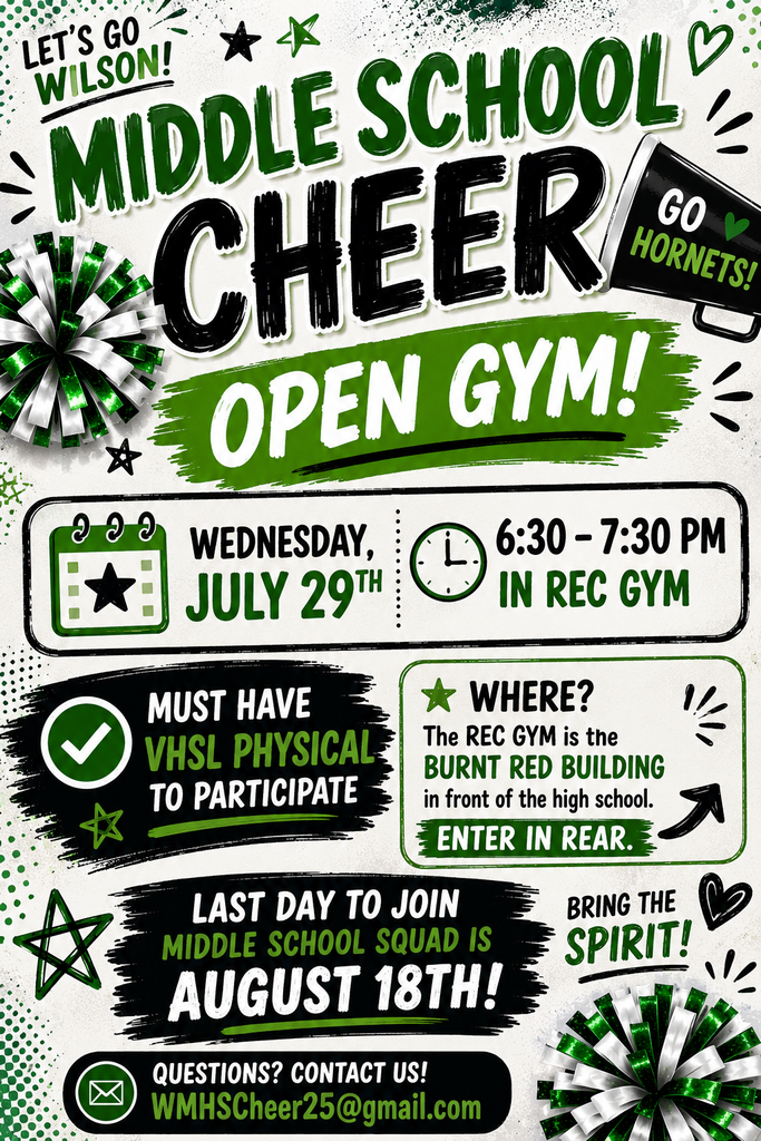 Middle School Cheer Open Gym July 29 6:30-7:30