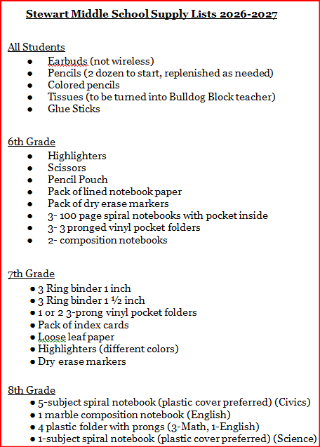 SMS 26-27 Supply List