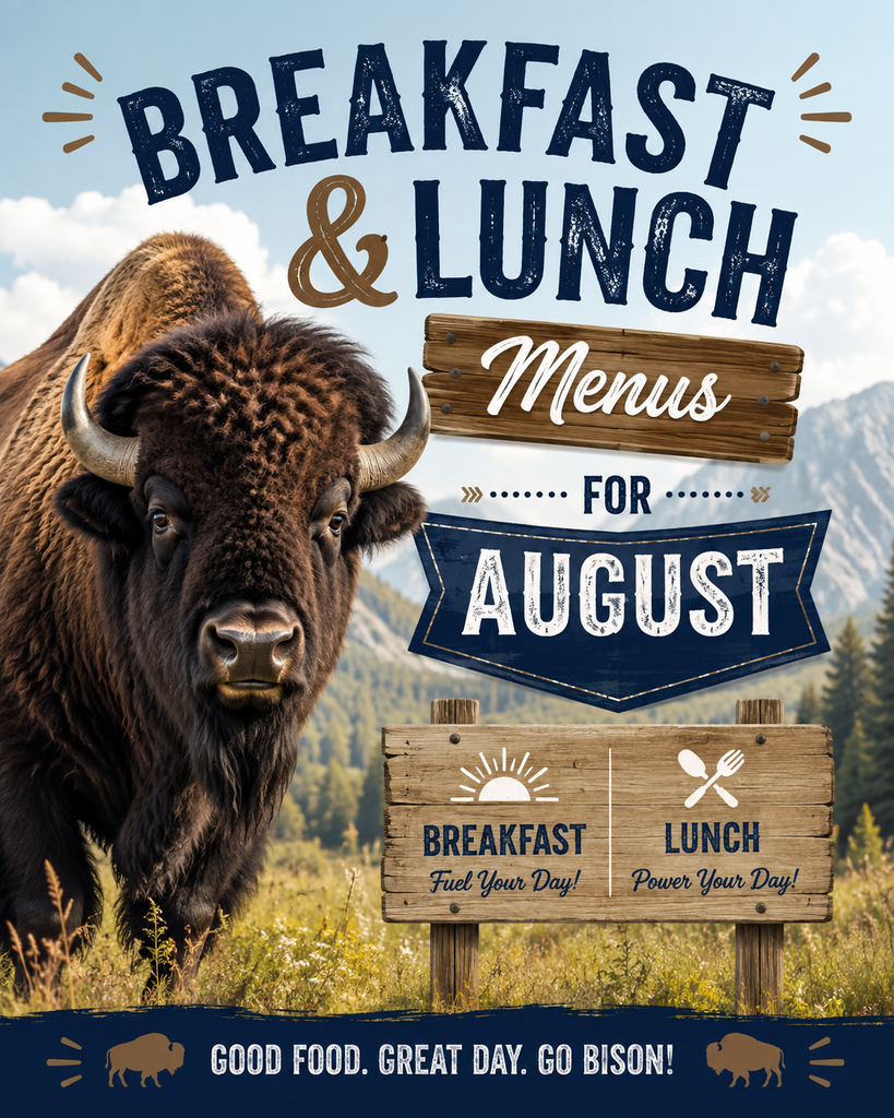 Breakfast &  Lunch Menus for August visual with Bison and Menu sign