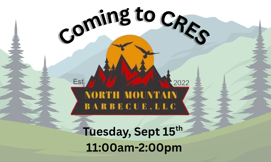 Image of the North Mountain Barbecue, LLC logo on a mountain background. "Coming to CRES: Tuesday, Sept 15th 11:00am-2:00pm"