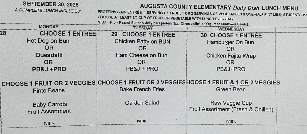 Cafeteria Menu for September 28th-30th. Text in the live feed message.